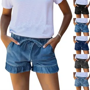 Women Jean Shorts Elastic Waist Drawstring Denim Shorts Summer Casual Stretch Ruffle Short Flowy Pleated Short
