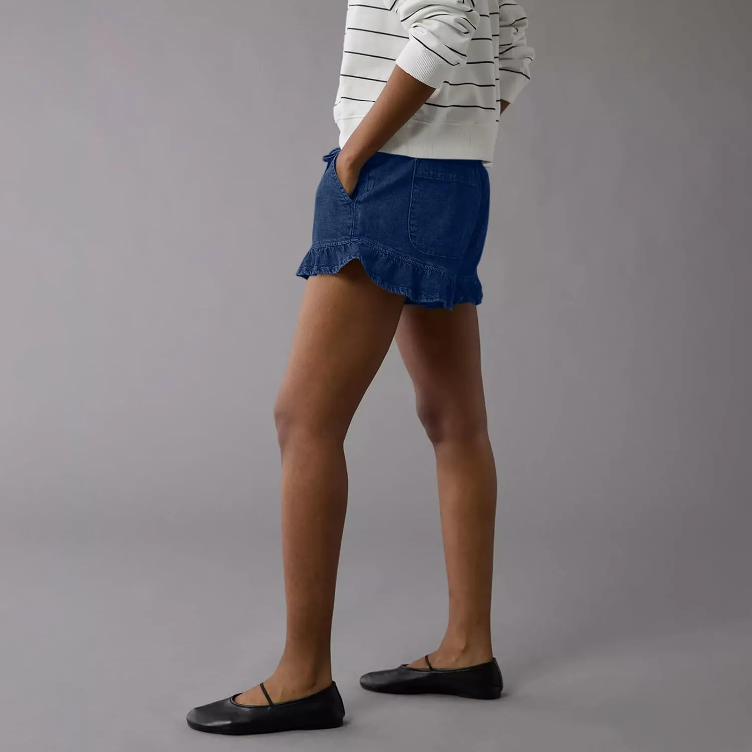 Women Jean Shorts Elastic Waist Drawstring Denim Shorts Summer Casual Stretch Ruffle Short Flowy Pleated Short