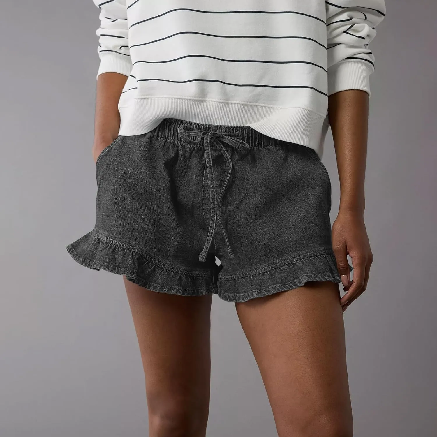 Women Jean Shorts Elastic Waist Drawstring Denim Shorts Summer Casual Stretch Ruffle Short Flowy Pleated Short