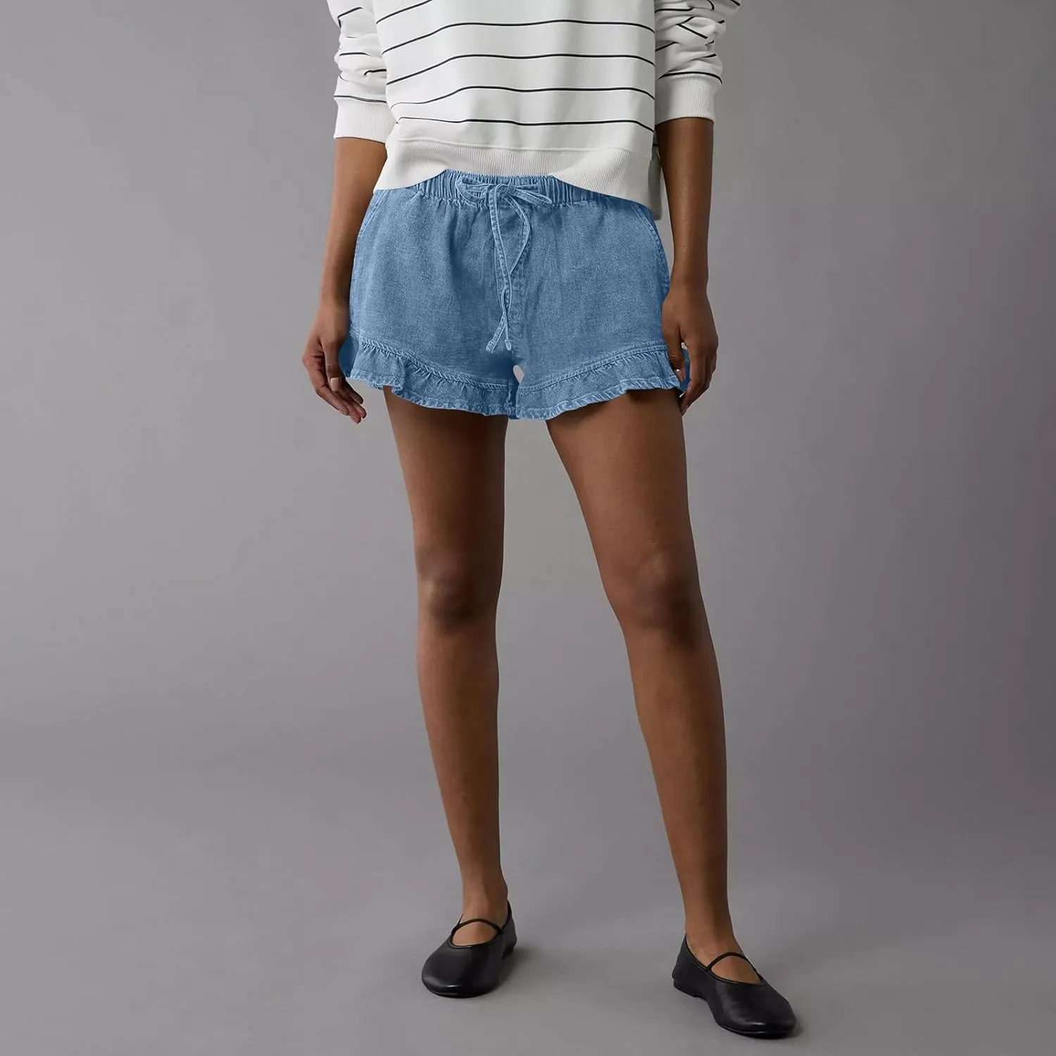 Women Jean Shorts Elastic Waist Drawstring Denim Shorts Summer Casual Stretch Ruffle Short Flowy Pleated Short