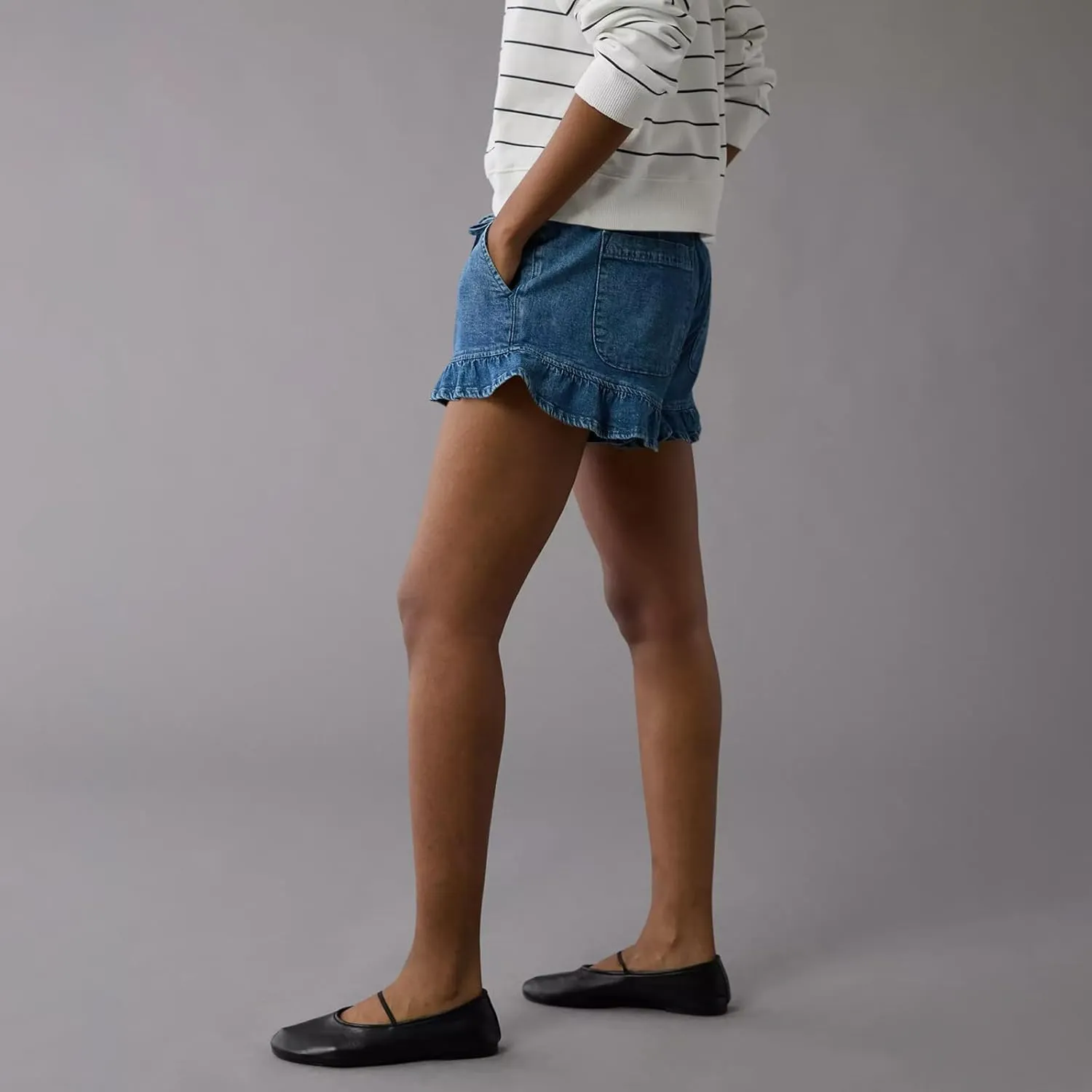 Women Jean Shorts Elastic Waist Drawstring Denim Shorts Summer Casual Stretch Ruffle Short Flowy Pleated Short