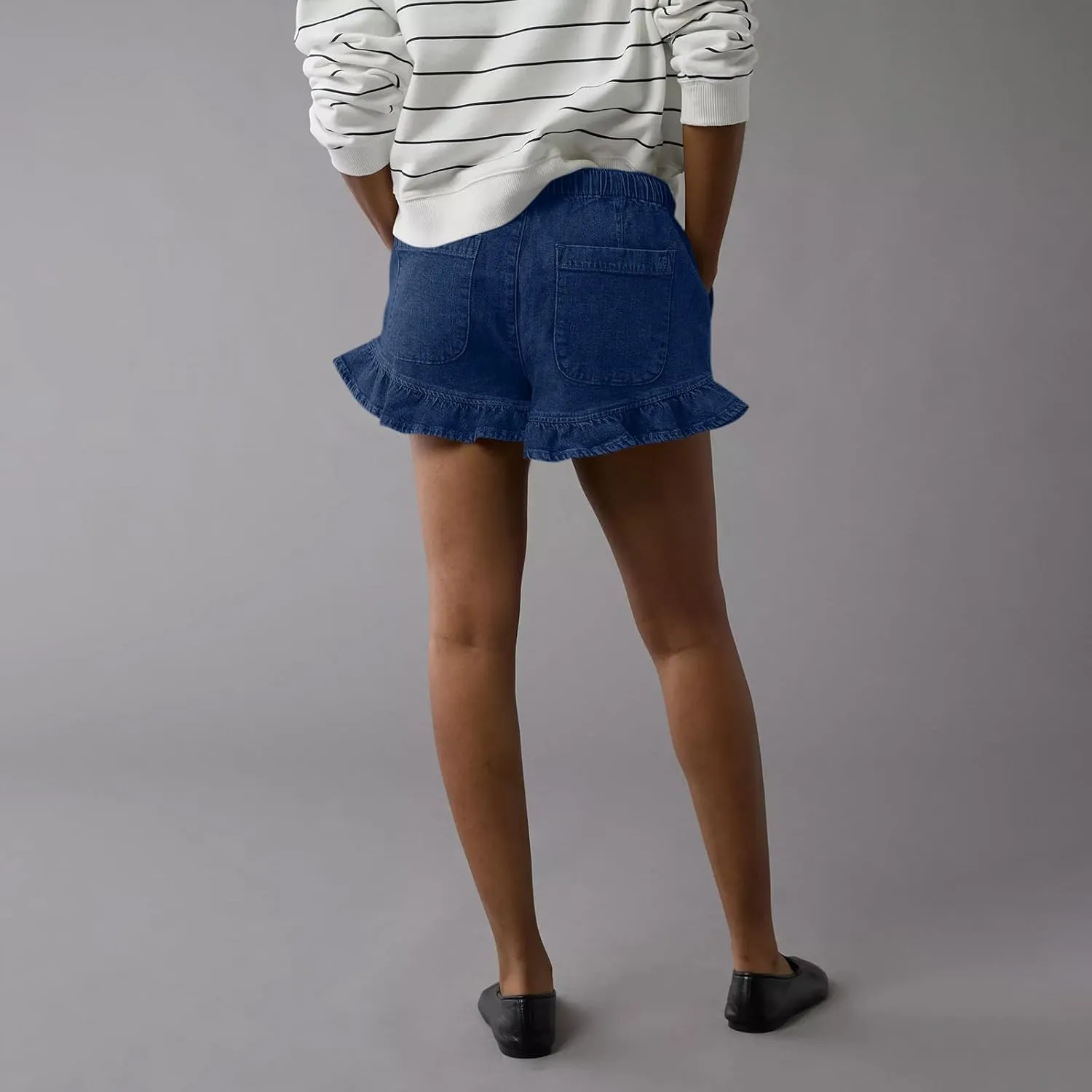Women Jean Shorts Elastic Waist Drawstring Denim Shorts Summer Casual Stretch Ruffle Short Flowy Pleated Short