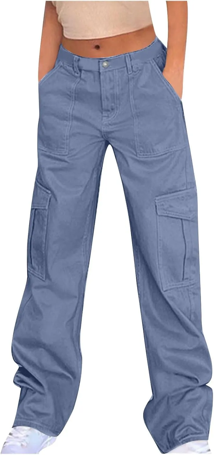 Women's Cargo Jeans Casual High Waisted Pants Baggy Stretch Straight Leg Trousers Classic Y2K Pants with Pockets
