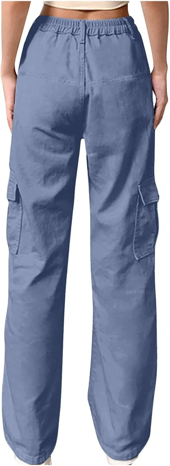 Women's Cargo Jeans Casual High Waisted Pants Baggy Stretch Straight Leg Trousers Classic Y2K Pants with Pockets