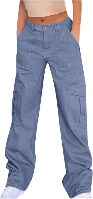 Women's Cargo Jeans Casual High Waisted Pants Baggy Stretch Straight Leg Trousers Classic Y2K Pants with Pockets