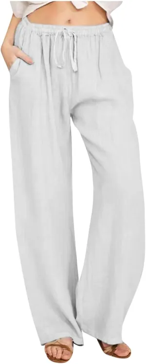 Women's Cotton Linen Wide Leg Trousers Casual Palazzo Pant High Waisted Long Lounge Pant Solid Trousers with Pocket