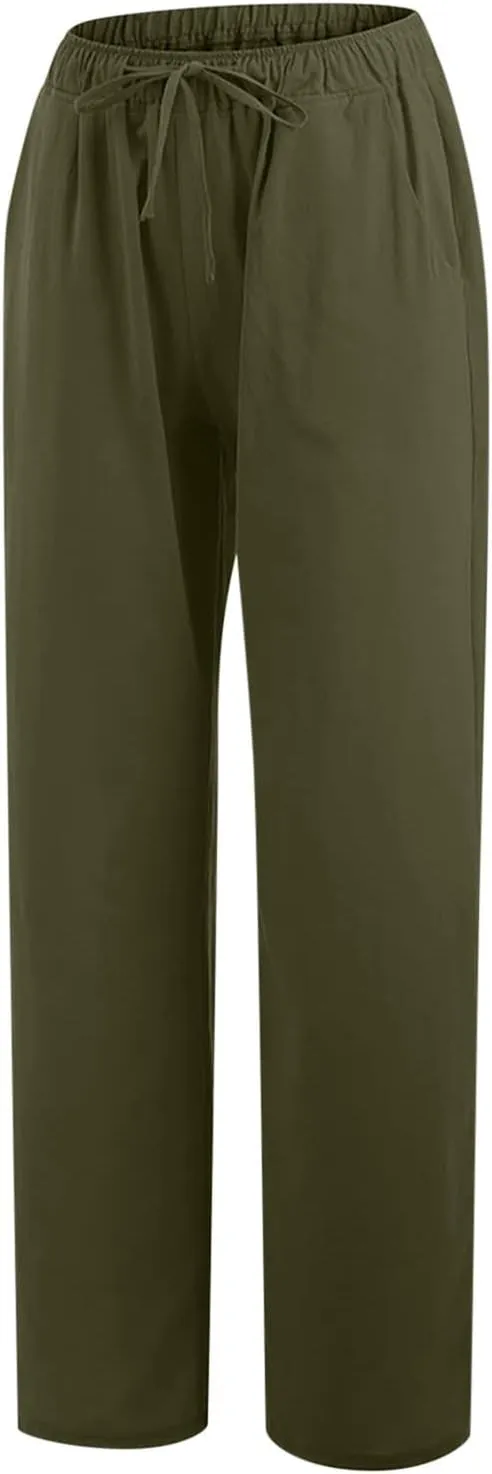Women's Cotton Linen Wide Leg Trousers Casual Palazzo Pant High Waisted Long Lounge Pant Solid Trousers with Pocket