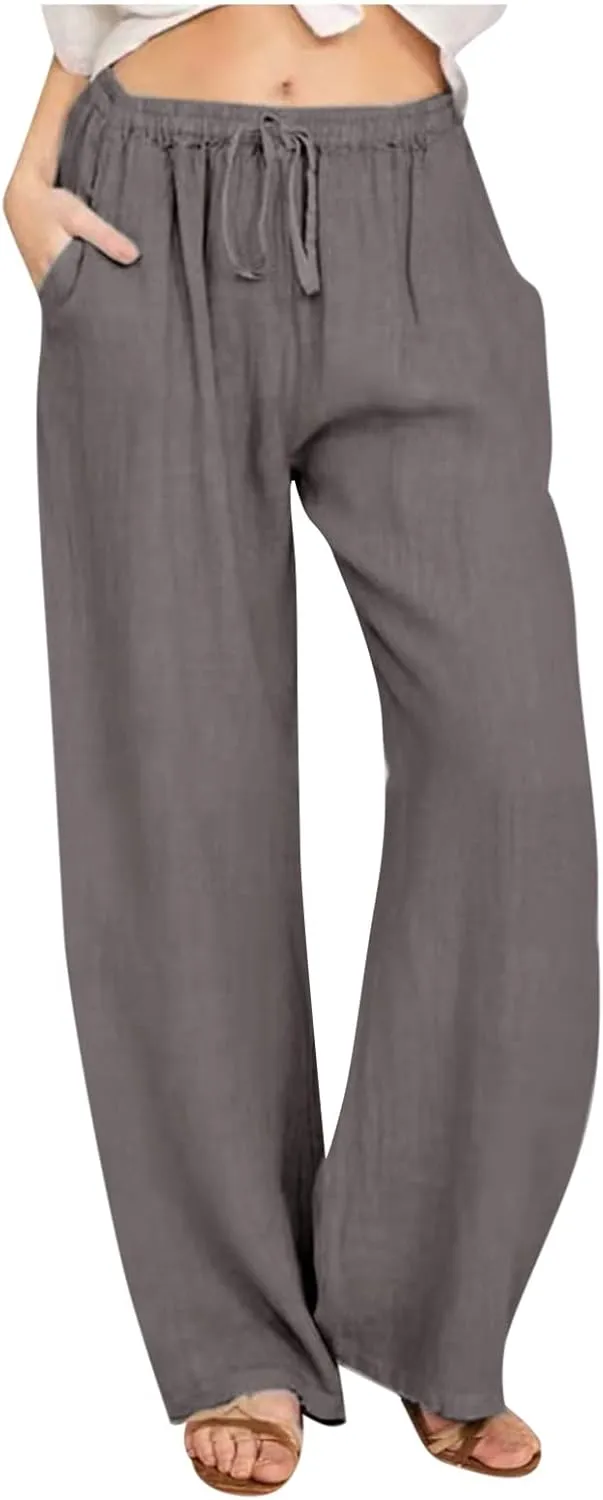 Women's Cotton Linen Wide Leg Trousers Casual Palazzo Pant High Waisted Long Lounge Pant Solid Trousers with Pocket
