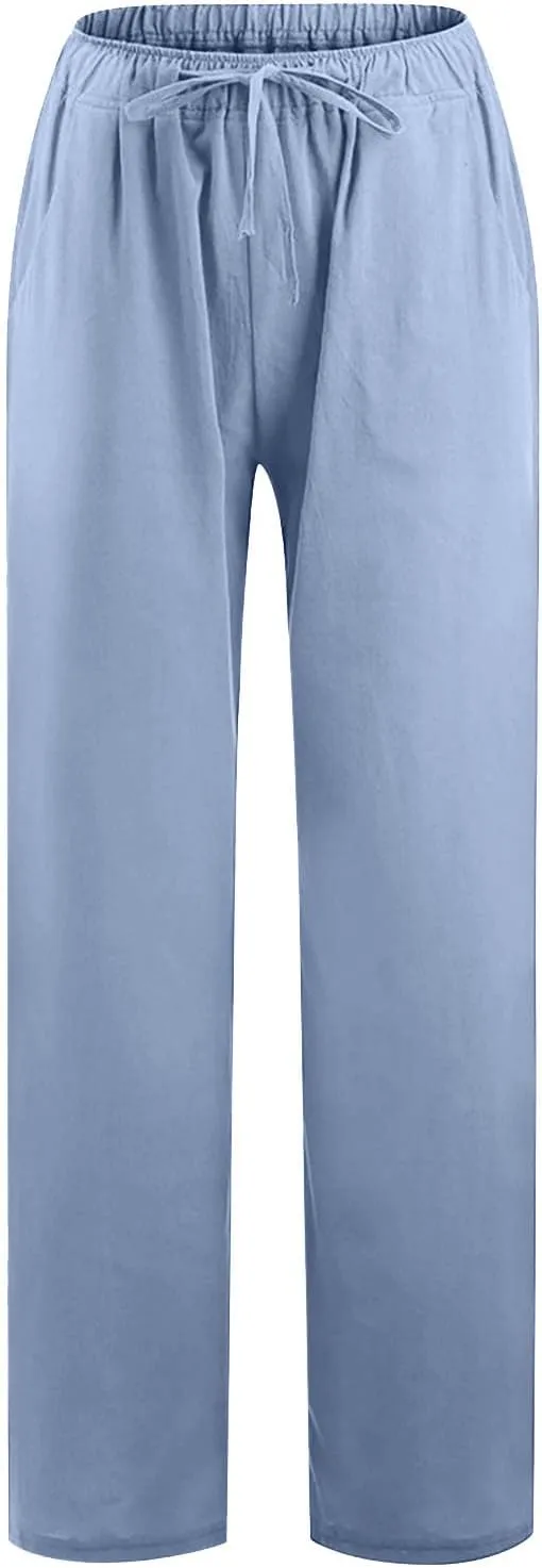 Women's Cotton Linen Wide Leg Trousers Casual Palazzo Pant High Waisted Long Lounge Pant Solid Trousers with Pocket