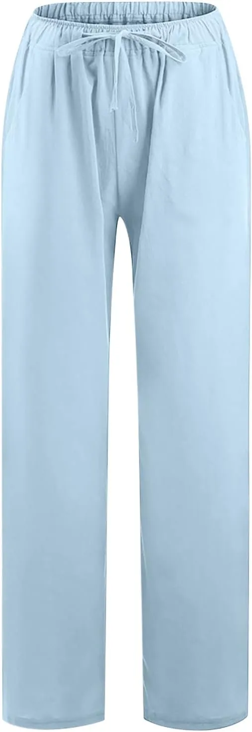 Women's Cotton Linen Wide Leg Trousers Casual Palazzo Pant High Waisted Long Lounge Pant Solid Trousers with Pocket