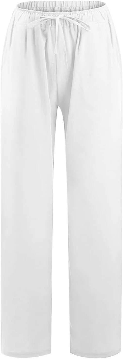 Women's Cotton Linen Wide Leg Trousers Casual Palazzo Pant High Waisted Long Lounge Pant Solid Trousers with Pocket