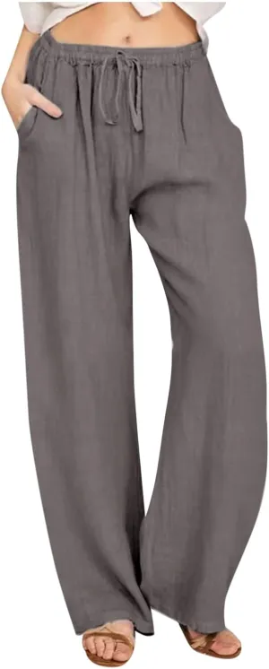 Women's Cotton Linen Wide Leg Trousers Casual Palazzo Pant High Waisted Long Lounge Pant Solid Trousers with Pocket