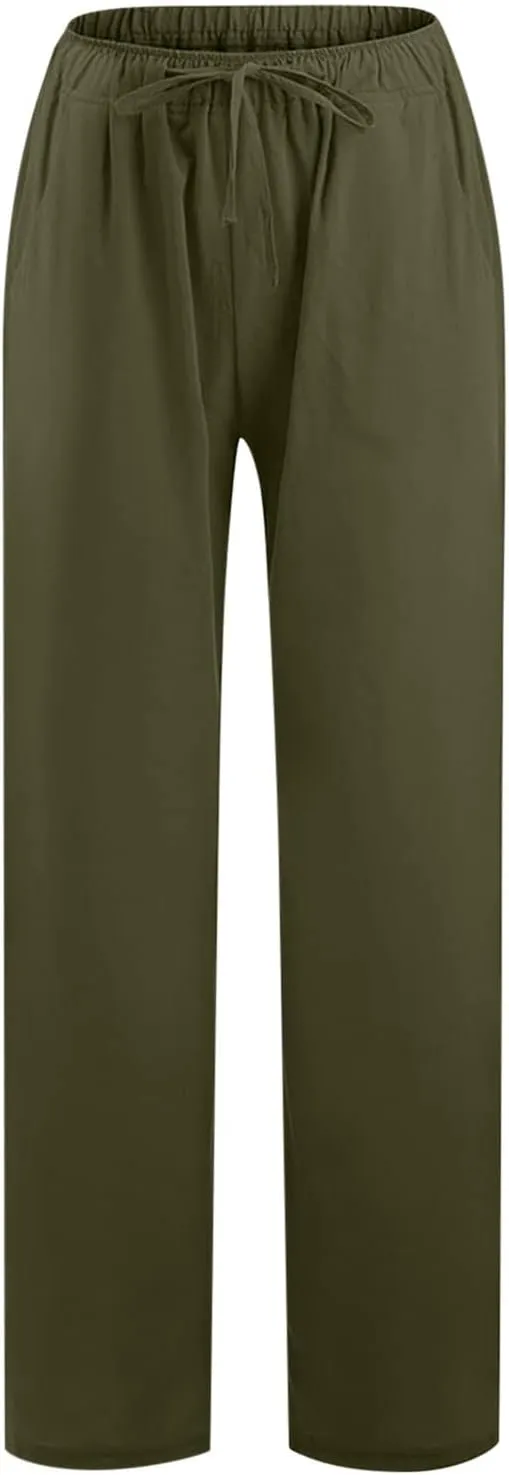 Women's Cotton Linen Wide Leg Trousers Casual Palazzo Pant High Waisted Long Lounge Pant Solid Trousers with Pocket