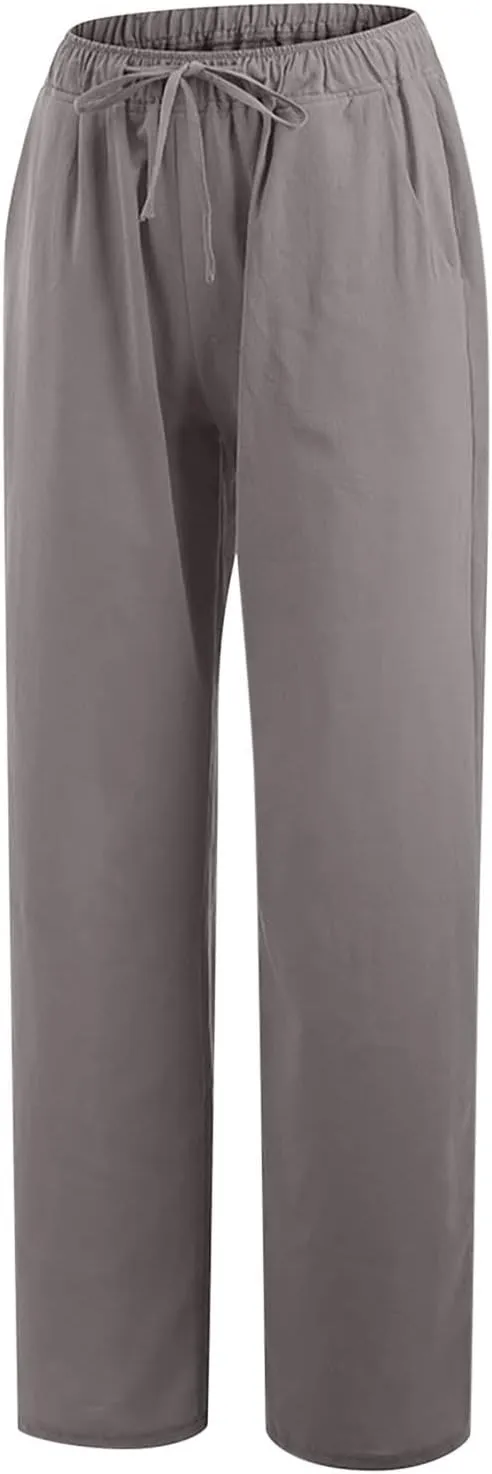 Women's Cotton Linen Wide Leg Trousers Casual Palazzo Pant High Waisted Long Lounge Pant Solid Trousers with Pocket