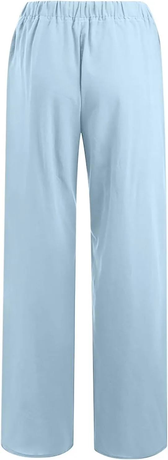 Women's Cotton Linen Wide Leg Trousers Casual Palazzo Pant High Waisted Long Lounge Pant Solid Trousers with Pocket