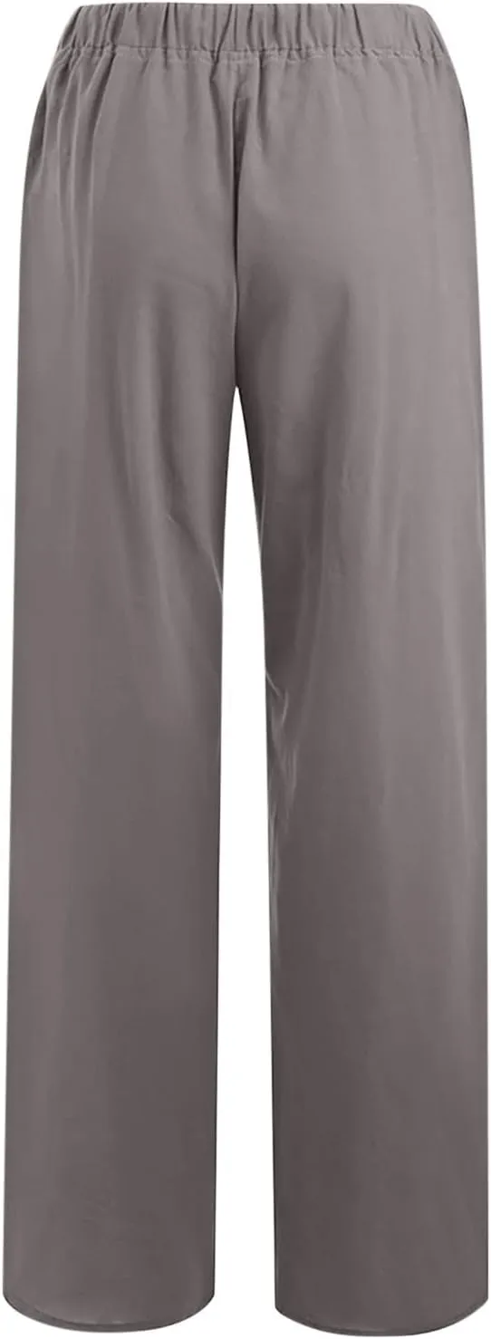 Women's Cotton Linen Wide Leg Trousers Casual Palazzo Pant High Waisted Long Lounge Pant Solid Trousers with Pocket