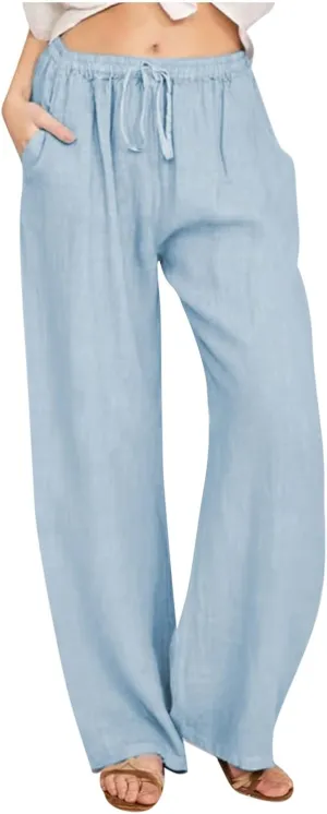 Women's Cotton Linen Wide Leg Trousers Casual Palazzo Pant High Waisted Long Lounge Pant Solid Trousers with Pocket