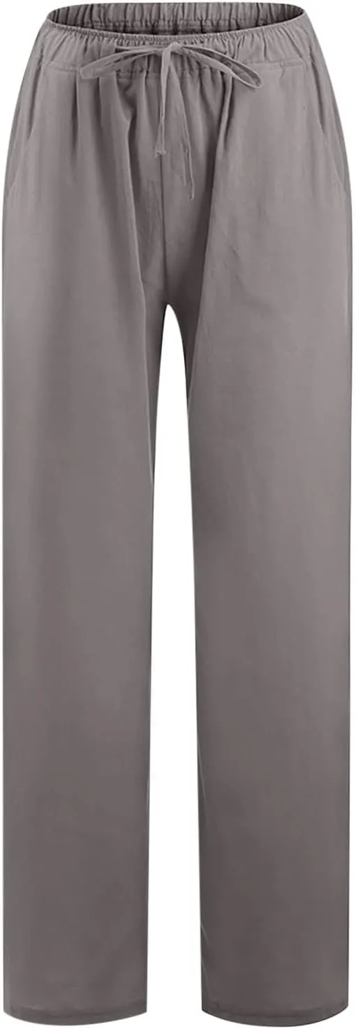 Women's Cotton Linen Wide Leg Trousers Casual Palazzo Pant High Waisted Long Lounge Pant Solid Trousers with Pocket