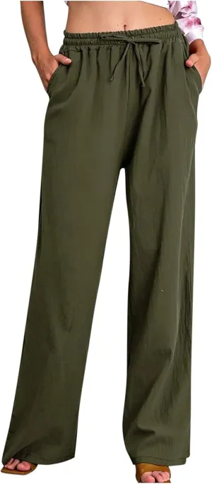 Women's Cotton Linen Wide Leg Trousers Casual Palazzo Pant High Waisted Long Lounge Pant Solid Trousers with Pocket
