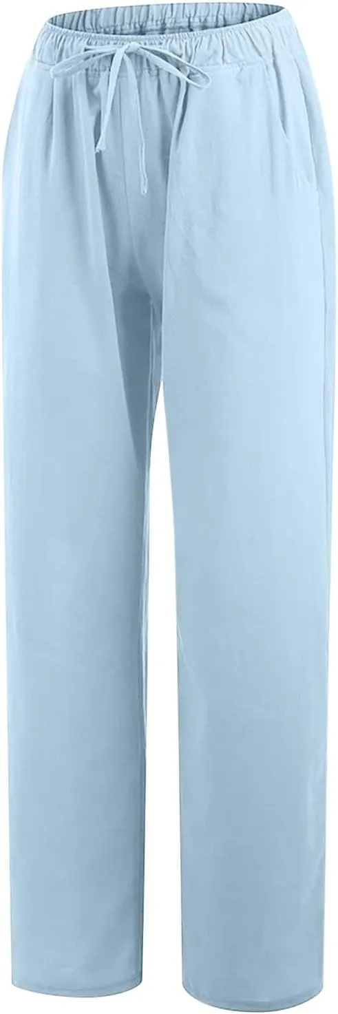 Women's Cotton Linen Wide Leg Trousers Casual Palazzo Pant High Waisted Long Lounge Pant Solid Trousers with Pocket