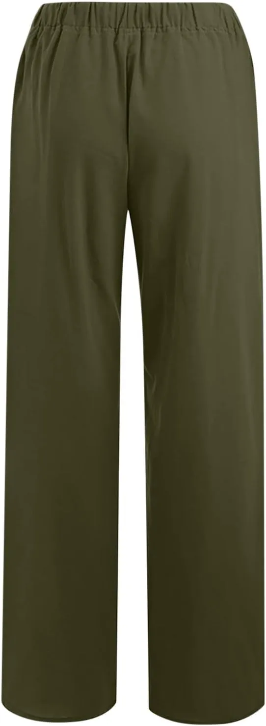 Women's Cotton Linen Wide Leg Trousers Casual Palazzo Pant High Waisted Long Lounge Pant Solid Trousers with Pocket