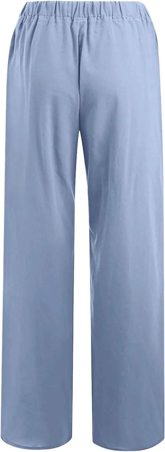 Women's Cotton Linen Wide Leg Trousers Casual Palazzo Pant High Waisted Long Lounge Pant Solid Trousers with Pocket