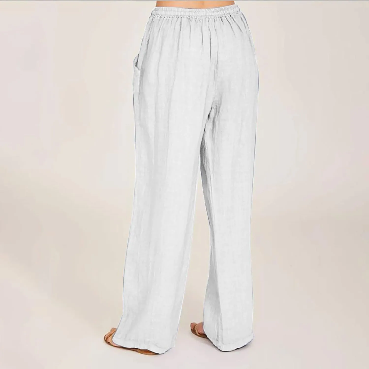 Women's Cotton Linen Wide Leg Trousers Casual Palazzo Pant High Waisted Long Lounge Pant Solid Trousers with Pocket