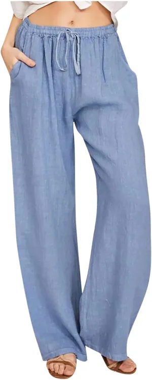 Women's Cotton Linen Wide Leg Trousers Casual Palazzo Pant High Waisted Long Lounge Pant Solid Trousers with Pocket