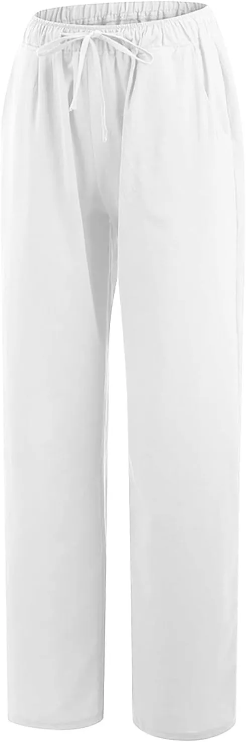 Women's Cotton Linen Wide Leg Trousers Casual Palazzo Pant High Waisted Long Lounge Pant Solid Trousers with Pocket