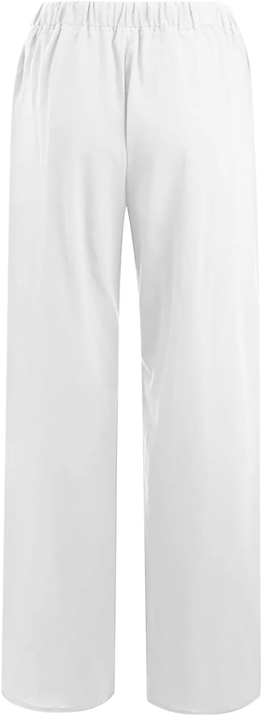 Women's Cotton Linen Wide Leg Trousers Casual Palazzo Pant High Waisted Long Lounge Pant Solid Trousers with Pocket