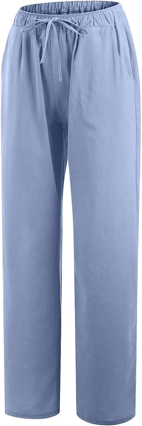 Women's Cotton Linen Wide Leg Trousers Casual Palazzo Pant High Waisted Long Lounge Pant Solid Trousers with Pocket
