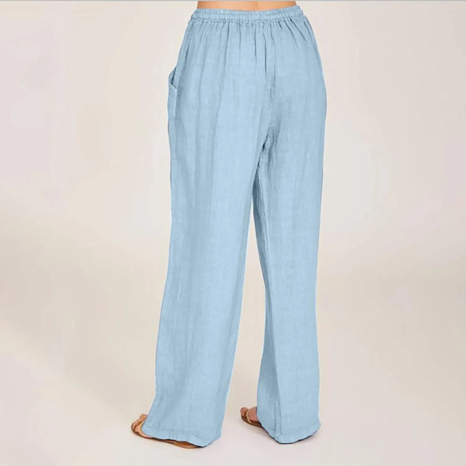 Women's Cotton Linen Wide Leg Trousers Casual Palazzo Pant High Waisted Long Lounge Pant Solid Trousers with Pocket