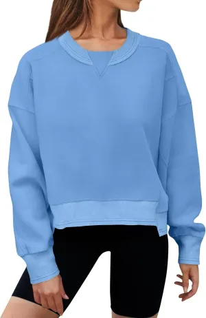 Women's Crewneck Solid Cropped Hoodies Fleece Loose Pullover Casual Loose Clothes for Women Short Blouse Tops