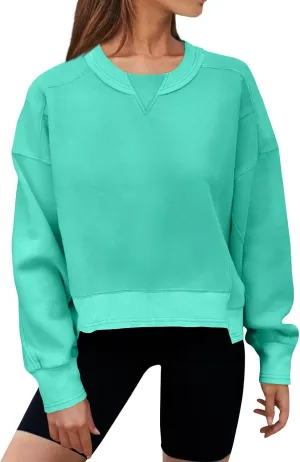 Women's Crewneck Solid Cropped Hoodies Fleece Loose Pullover Casual Loose Clothes for Women Short Blouse Tops
