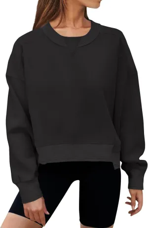 Women's Crewneck Solid Cropped Hoodies Fleece Loose Pullover Casual Loose Clothes for Women Short Blouse Tops