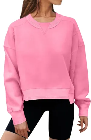 Women's Crewneck Solid Cropped Hoodies Fleece Loose Pullover Casual Loose Clothes for Women Short Blouse Tops