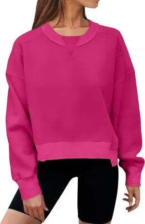 Women's Crewneck Solid Cropped Hoodies Fleece Loose Pullover Casual Loose Clothes for Women Short Blouse Tops