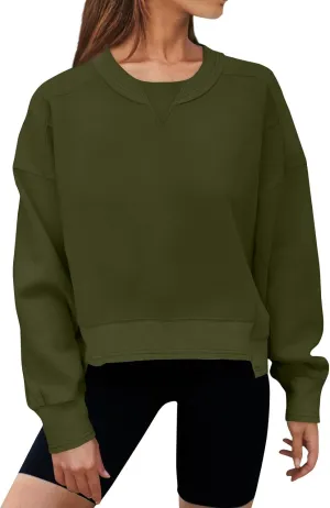 Women's Crewneck Solid Cropped Hoodies Fleece Loose Pullover Casual Loose Clothes for Women Short Blouse Tops