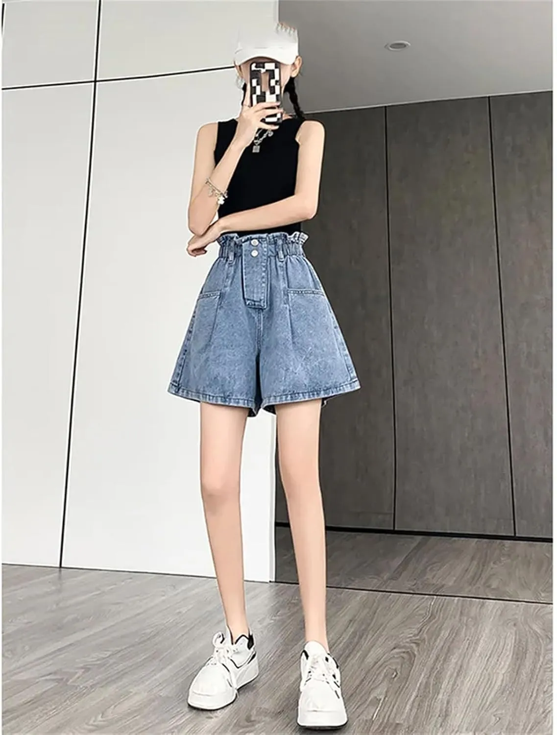 Women’s Elastic High Waist Denim Shorts Loose Fit Spring Summer Korean Casual A-Line