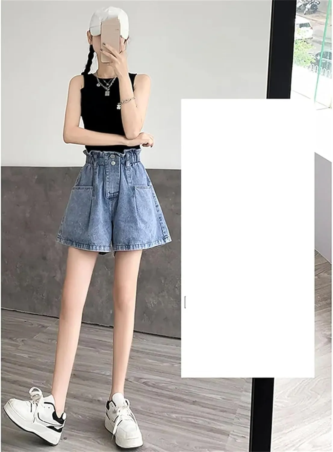 Women’s Elastic High Waist Denim Shorts Loose Fit Spring Summer Korean Casual A-Line