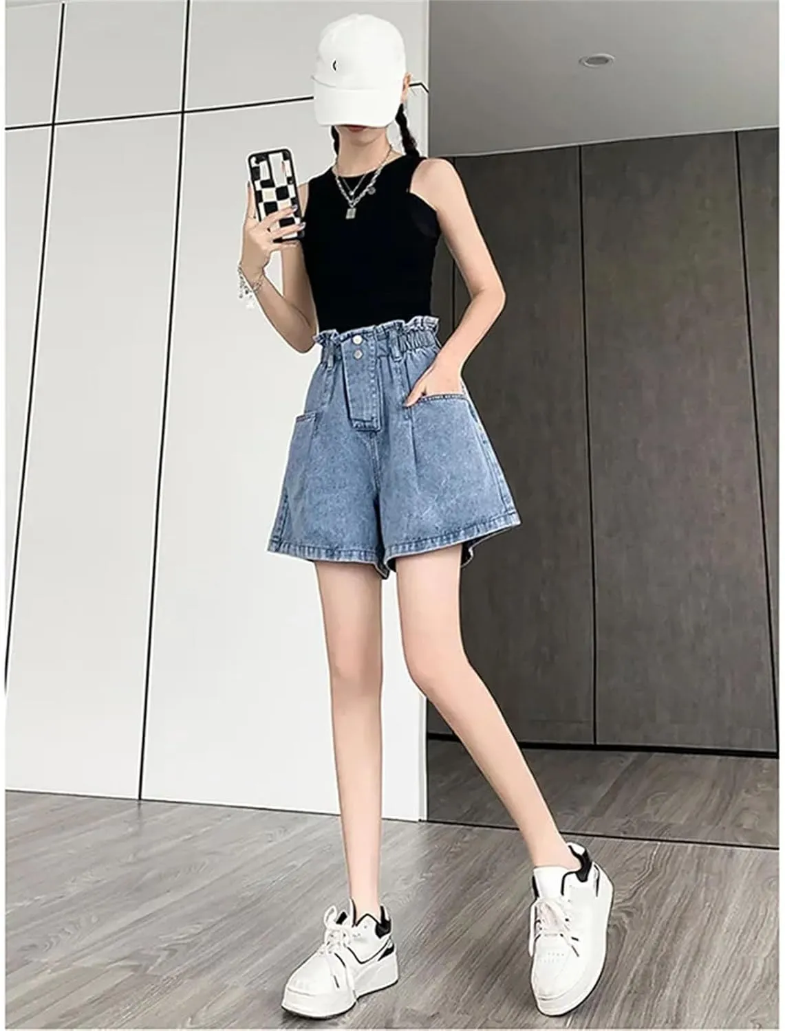 Women’s Elastic High Waist Denim Shorts Loose Fit Spring Summer Korean Casual A-Line