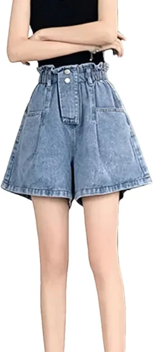 Women’s Elastic High Waist Denim Shorts Loose Fit Spring Summer Korean Casual A-Line