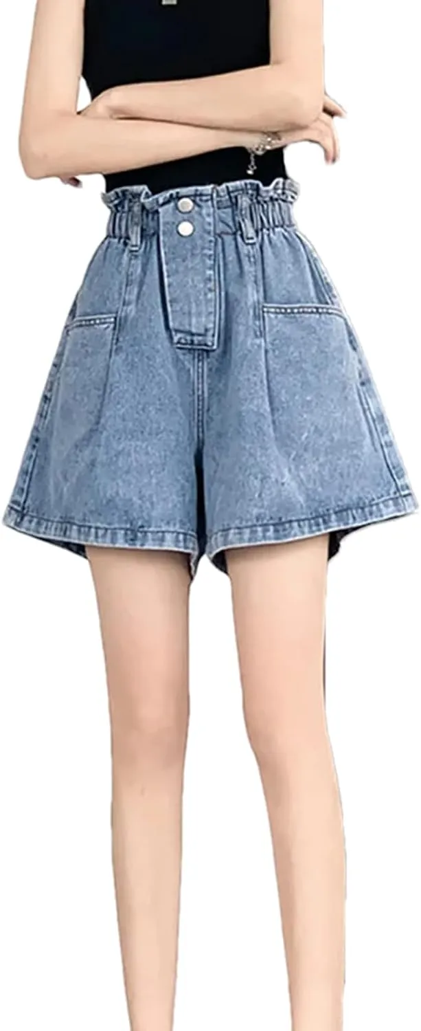 Women’s Elastic High Waist Denim Shorts Loose Fit Spring Summer Korean Casual A-Line
