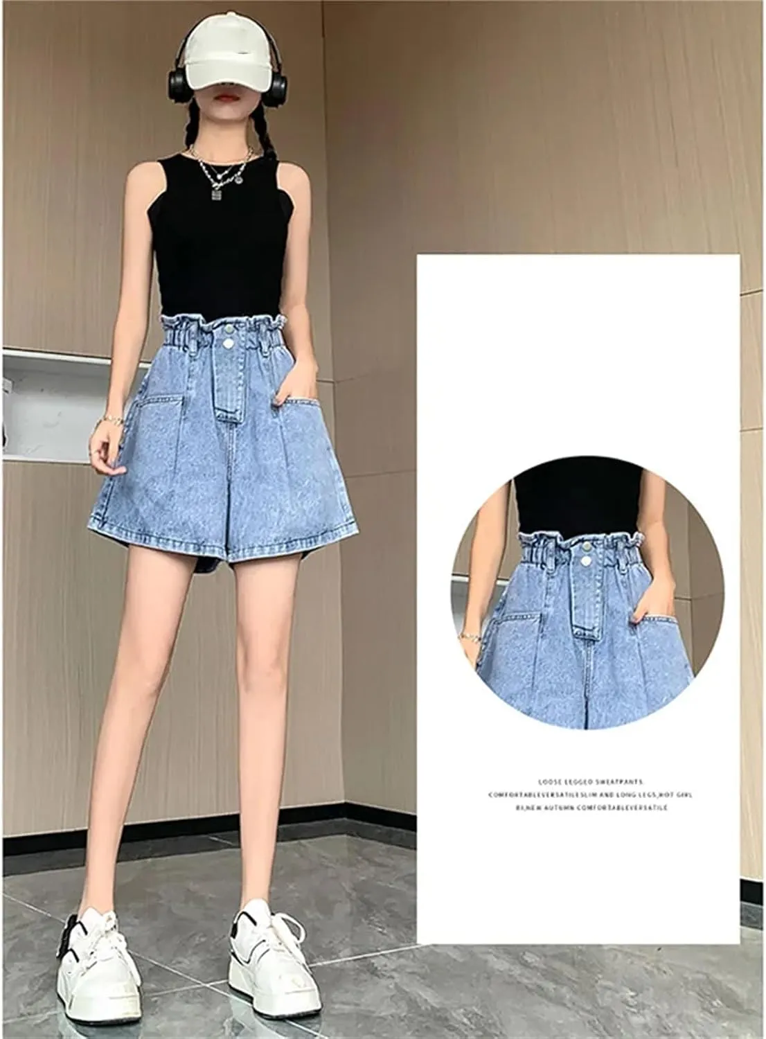 Women’s Elastic High Waist Denim Shorts Loose Fit Spring Summer Korean Casual A-Line