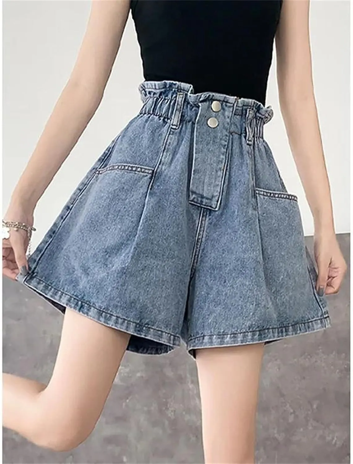 Women’s Elastic High Waist Denim Shorts Loose Fit Spring Summer Korean Casual A-Line