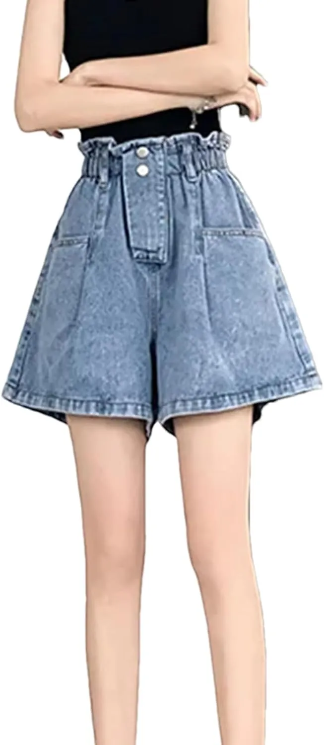Women’s Elastic High Waist Denim Shorts Loose Fit Spring Summer Korean Casual A-Line