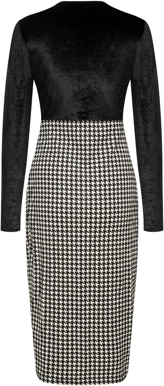 Women's Houndstooth Wrap V Neck Long Sleeve Slim Fitted Club Sexy Midi Dress