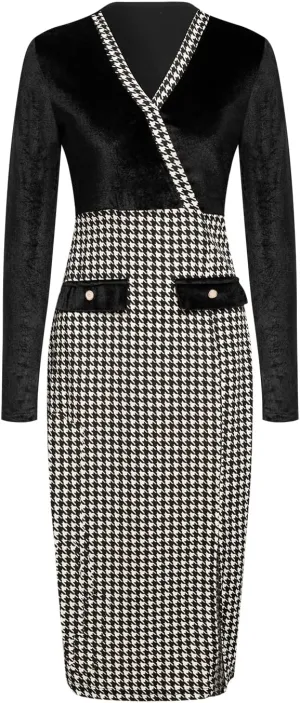 Women's Houndstooth Wrap V Neck Long Sleeve Slim Fitted Club Sexy Midi Dress