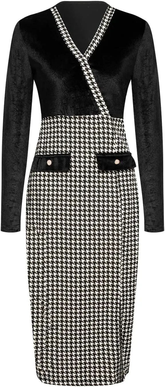 Women's Houndstooth Wrap V Neck Long Sleeve Slim Fitted Club Sexy Midi Dress