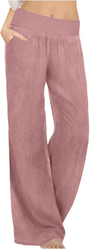 Women's Solid Wide Leg Pants Casual Elastic High Waist Joggers Straight Workout Sport Trousers Gym Pant with Pocket